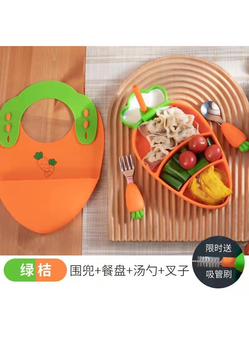 Creative Silicone Carrot Kids Dinnerware Set Orange zipper bag with bib packaging