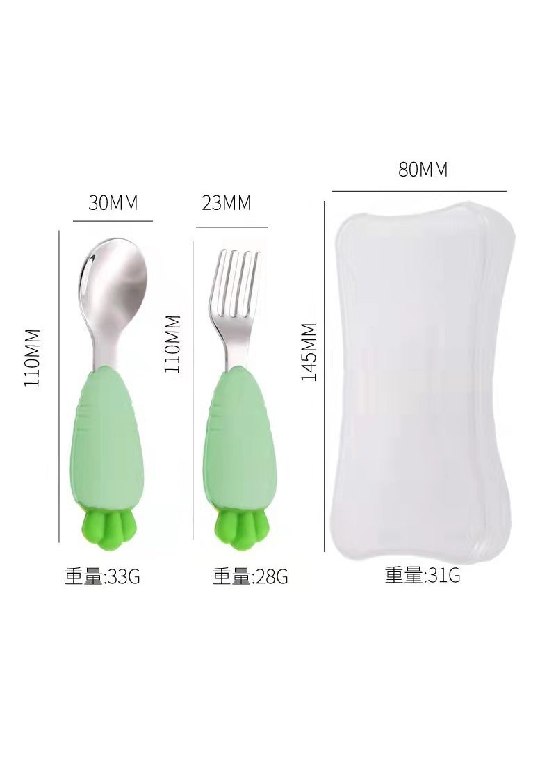 Creative Silicone Carrot Kids Dinnerware Set Green Fork Spoon Storage Box