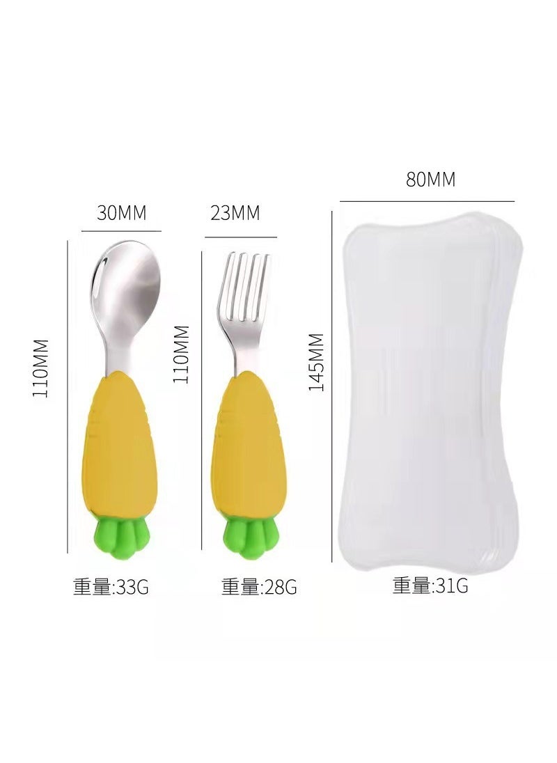 Creative Silicone Carrot Kids Dinnerware Set Yellow Fork Spoon Storage Box