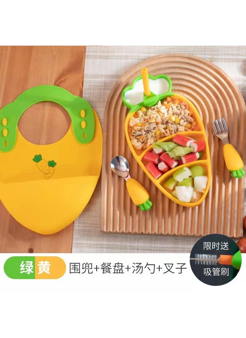 Creative Silicone Carrot Kids Dinnerware Set Yellow zipper bag with bib packaging