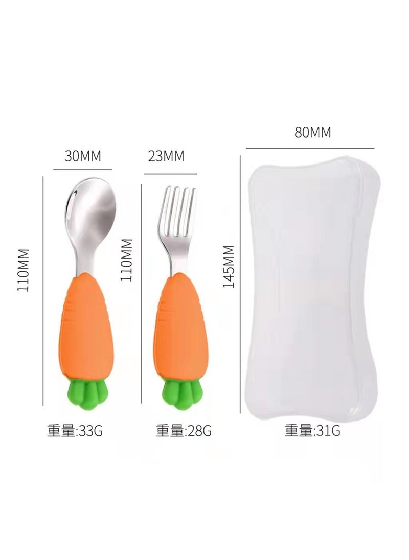 Creative Silicone Carrot Kids Dinnerware Set Orange Fork Spoon Storage Box