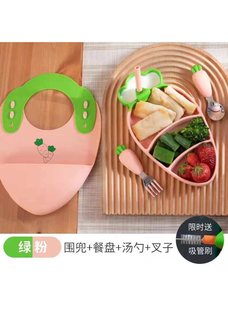 Creative Silicone Carrot Kids Dinnerware Set Pink zipper bag with bib packaging