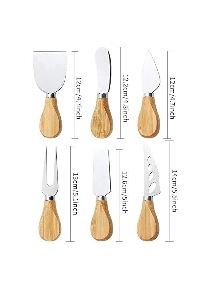 6Pcs Cheese Knife Set, Stainless Steel Cheese Knives Cheese Fork Cheese Shovel with Bamboo Handle for Parties Party