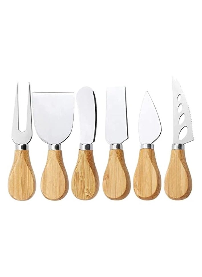 6Pcs Cheese Knife Set, Stainless Steel Cheese Knives Cheese Fork Cheese Shovel with Bamboo Handle for Parties Party