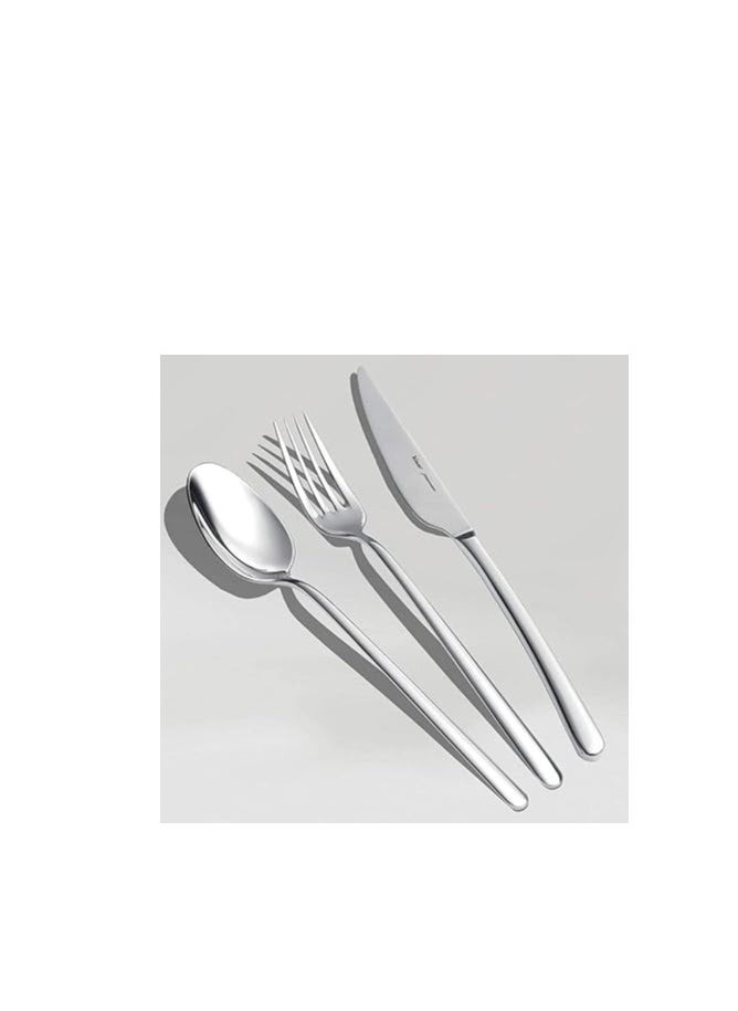 Polished Stainless Steel Silverware Set – Modern Fork, Knife, and Spoon Set with Grooved Handles, High-Shine Finish on Dark Contrast Background