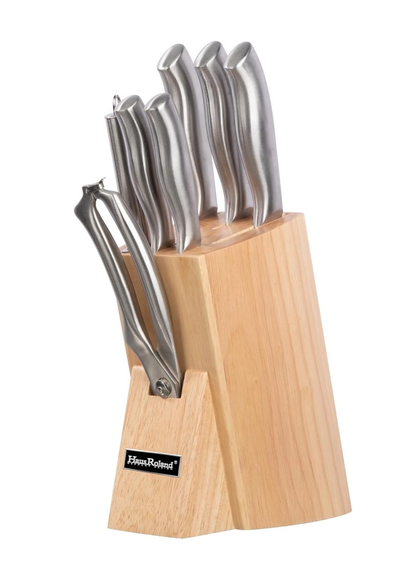 Stainless Steel Knife Block Set with Black and Silver Handles – Round Tapered Design, Fan-Like Arrangement, Includes Kitchen Shears