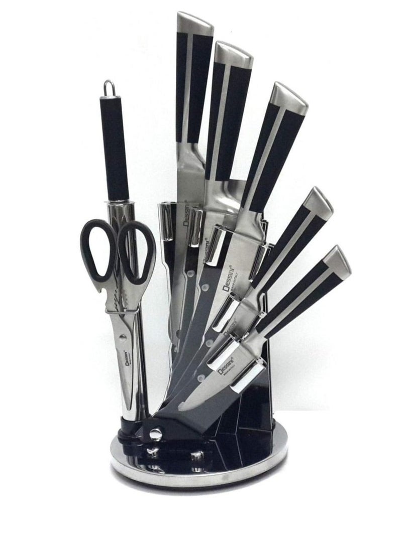 Stainless Steel Knife Block Set with Black and Silver Handles – Round Tapered Design, Fan-Like Arrangement, Includes Kitchen Shears