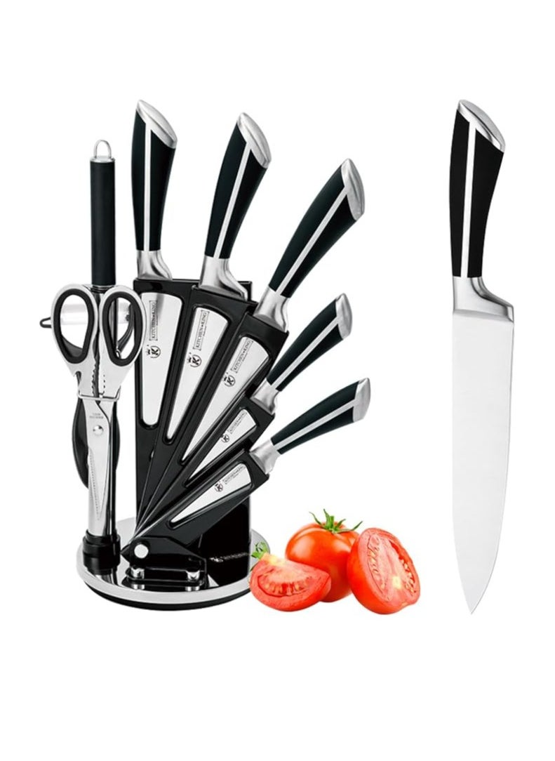 Stainless Steel Knife Block Set with Black and Silver Handles – Round Tapered Design, Fan-Like Arrangement, Includes Kitchen Shears