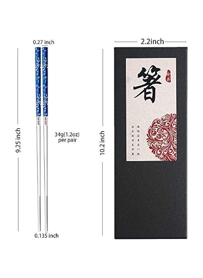 Titanium Plated Chopstick Stainless Steel Chopsticks Metal Chopsticks Reusable Dishwasher safe Premium Laser Engraved Chop Sticks for Eating 2 Pairs Gift Set Blue Silver