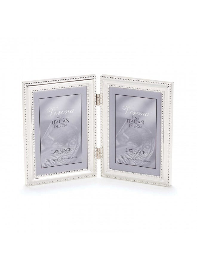 Lawrence Frames Hinged Double (Vertical) Metal Picture Frame Silver-Plate with Delicate Beading, 4 by 6-Inch