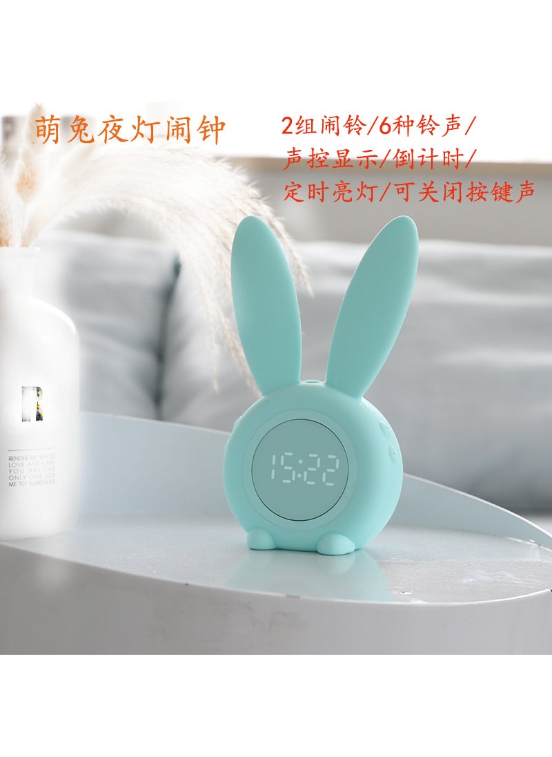 Cute Cartoon Bunny Alarm Clock Night Light Silent Bedside Green