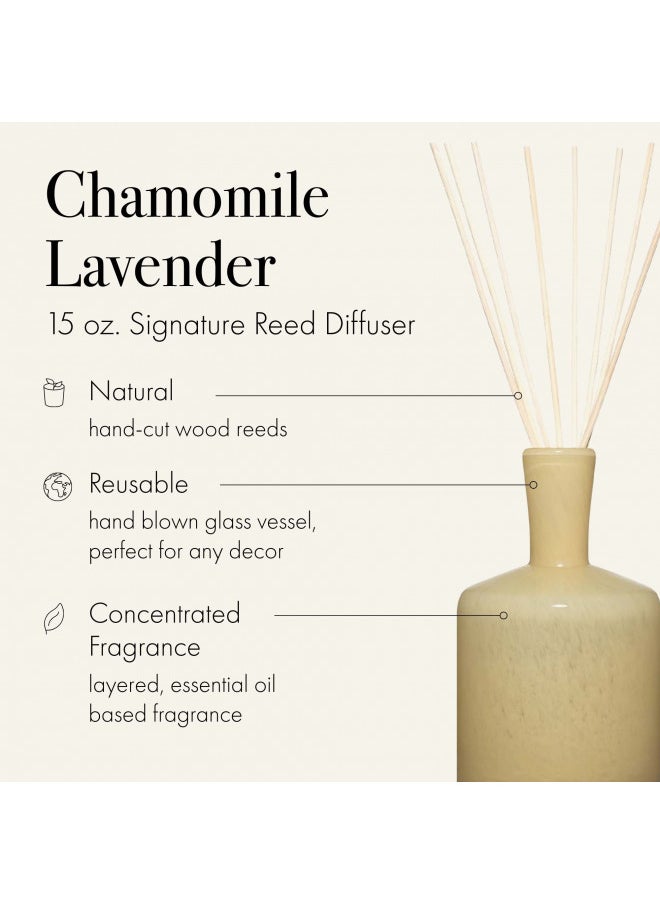 LAFCO New York Signature Reed Diffuser, Chamomile Lavender - 15 oz - Up to 9 Months Fragrance Life - Reusable, Hand Blown Glass Vessel - Natural Wood Reeds - Made in The USA