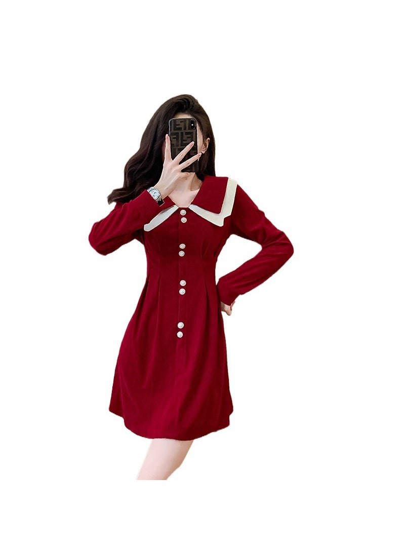 French Doll Collar Dress Autumn Elegance Wine red