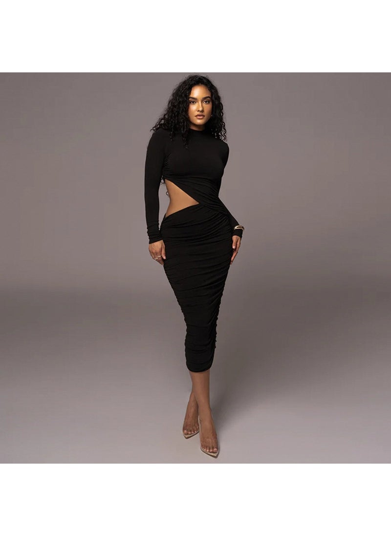 Chic Solid Color Round Neck Long Sleeve Cut-Out Ruched Bodycon Dress Black