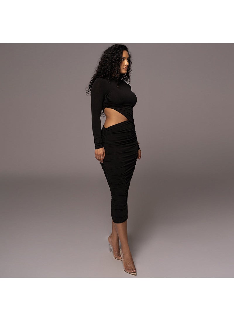 Chic Solid Color Round Neck Long Sleeve Cut-Out Ruched Bodycon Dress Black