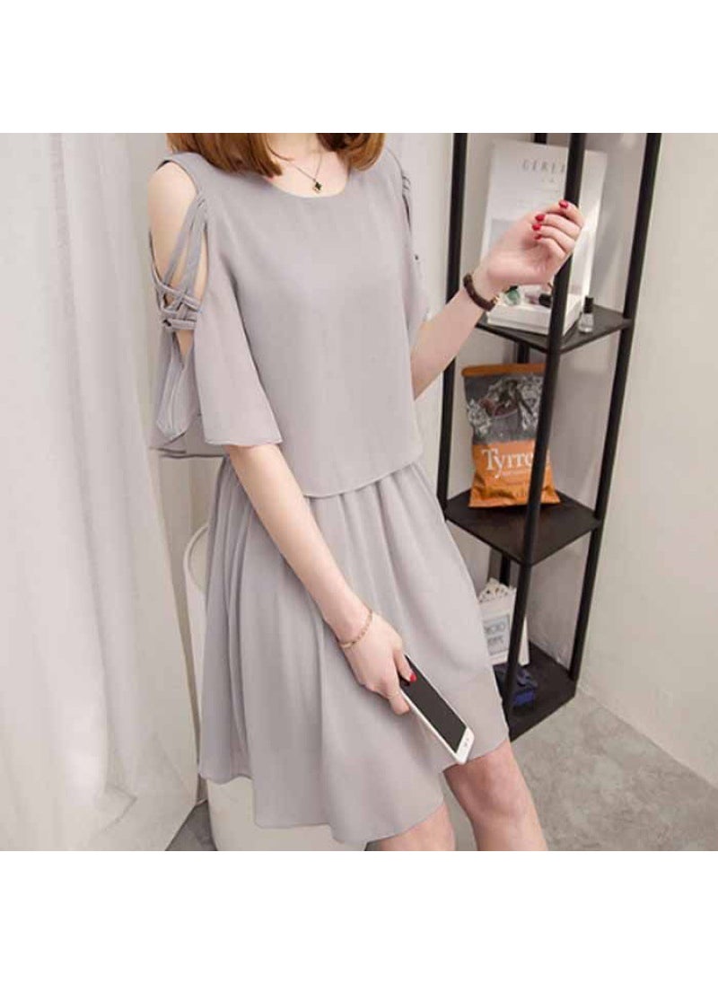 2024 Summer Korean Chiffon Midi Dress Slimming A-Line Grey