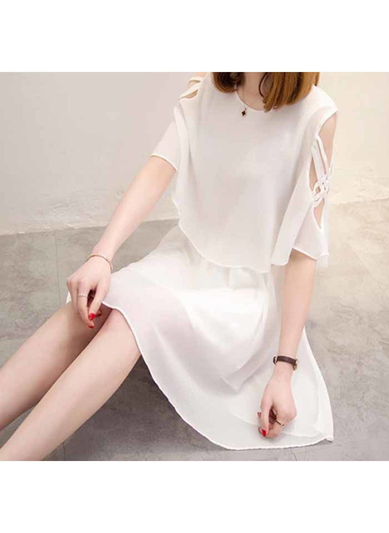 2024 Summer Korean Chiffon Midi Dress Slimming A-Line White