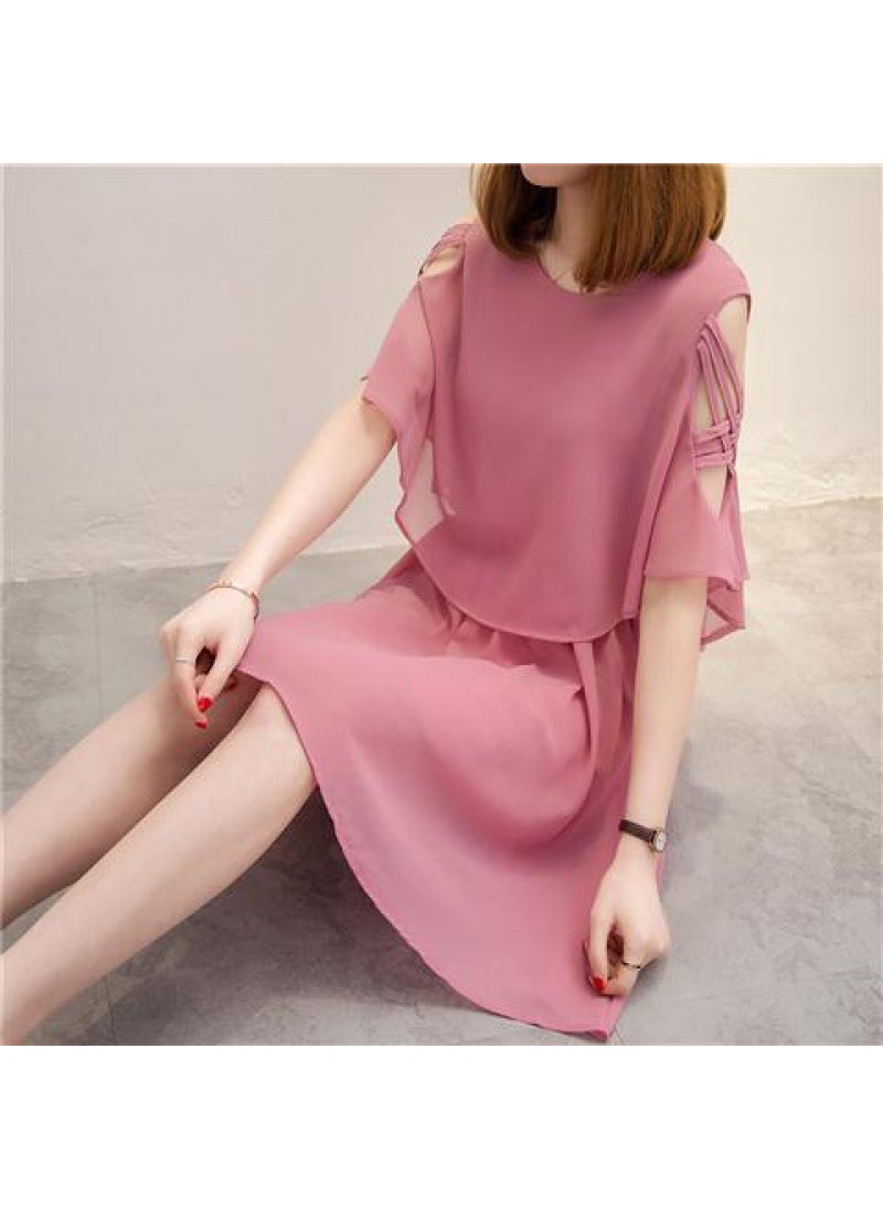 2024 Summer Korean Chiffon Midi Dress Slimming A-Line Pink