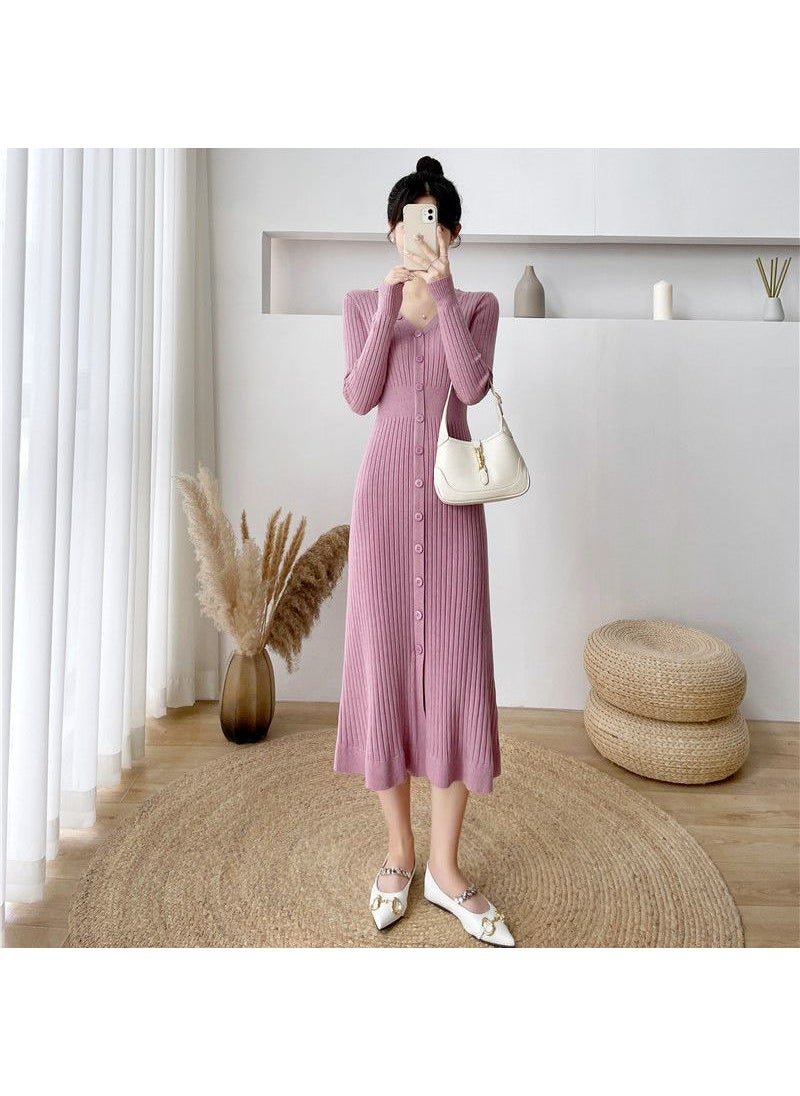 Autumn Winter White Knit Sweater Dress Purple