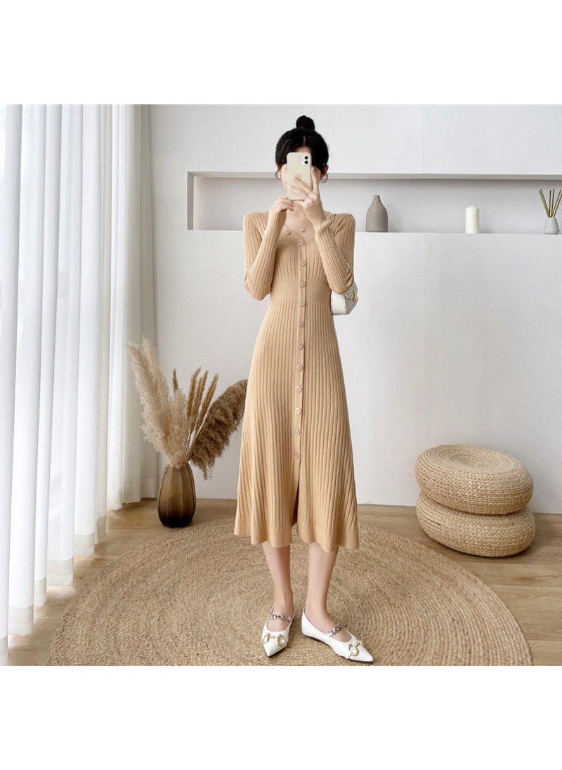 Autumn Winter White Knit Sweater Dress Khaki