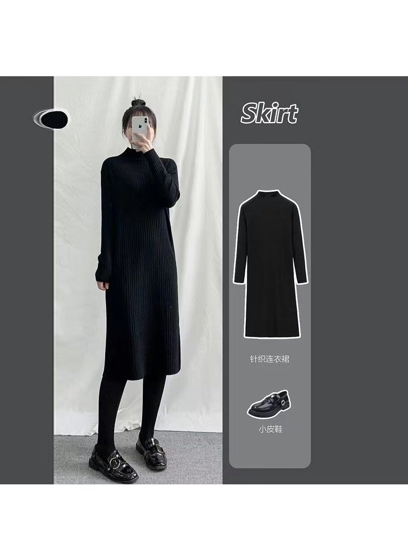 Autumn Winter White Knit Sweater Dress Black 1