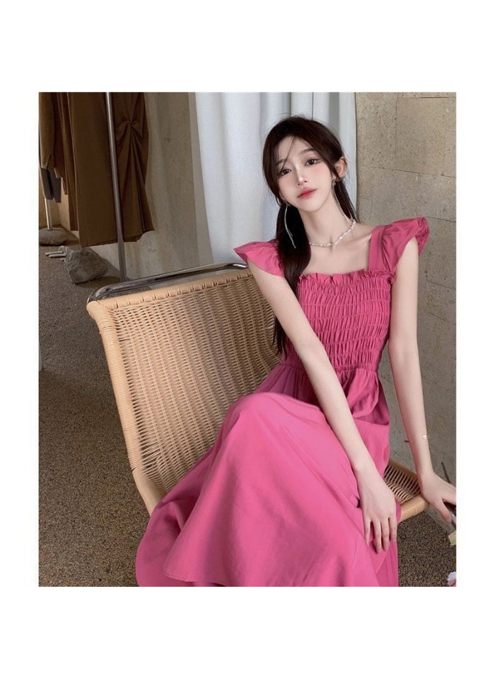 French Style Puff Sleeve Dress Summer 2024 rose red