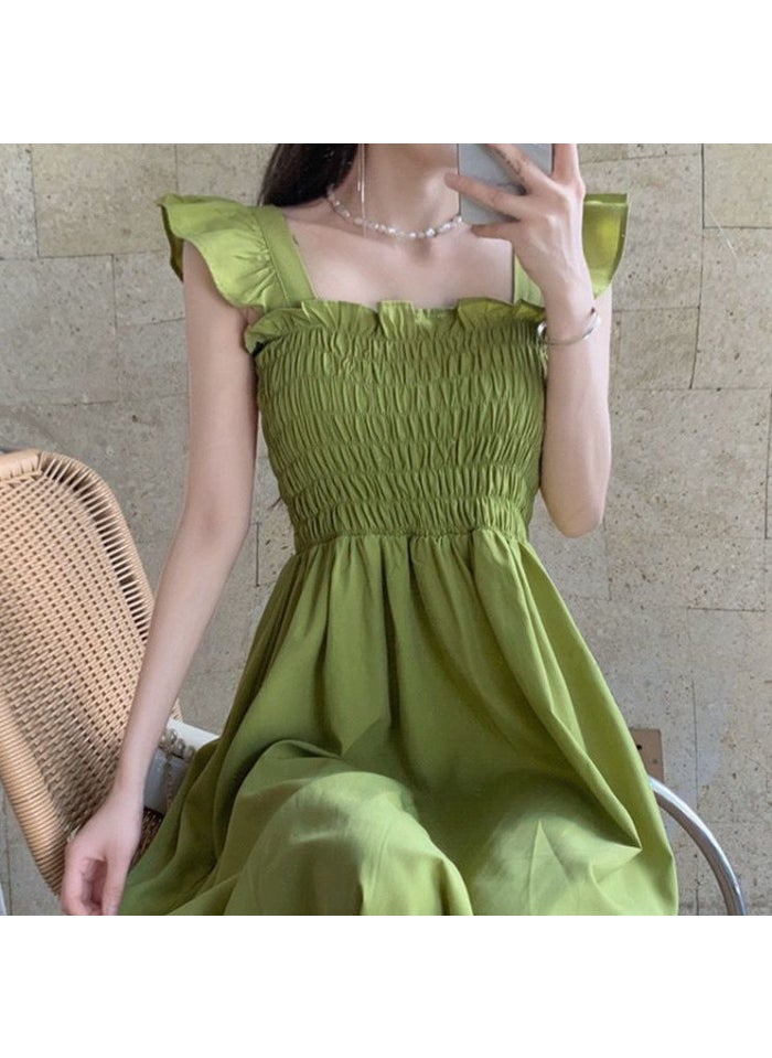 French Style Puff Sleeve Dress Summer 2024 Green