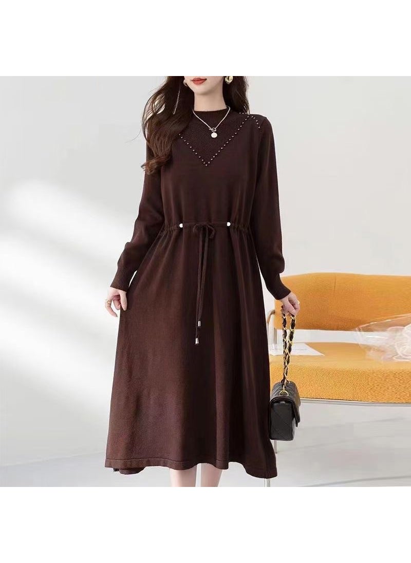 Beaded Tie-Back Knit Dress Plus Size Autumn Winter Brown