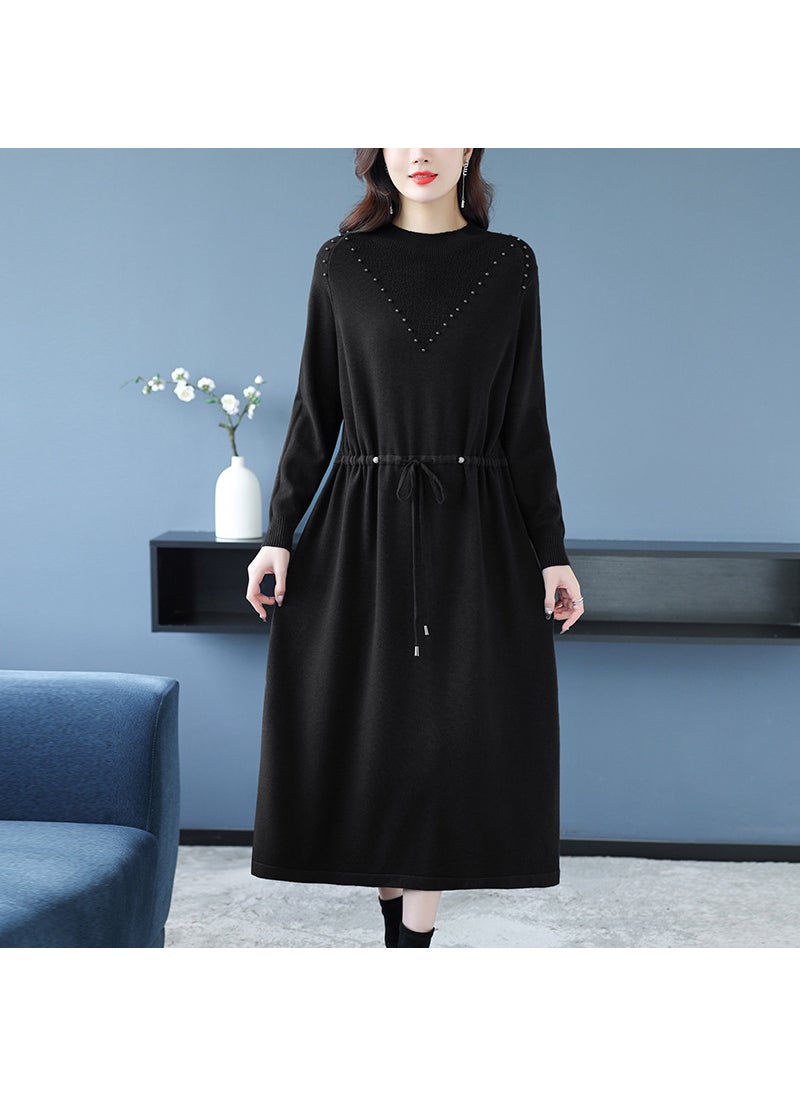 Beaded Tie-Back Knit Dress Plus Size Autumn Winter Black