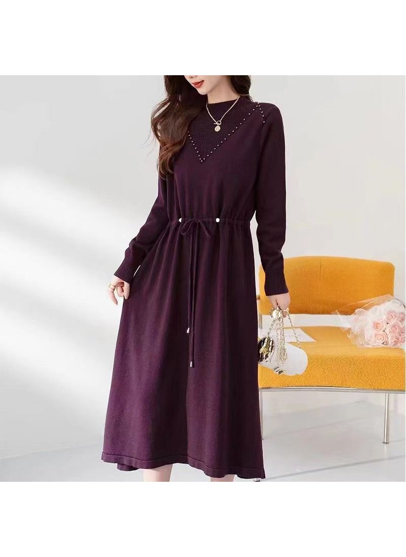 Beaded Tie-Back Knit Dress Plus Size Autumn Winter Fuchsia