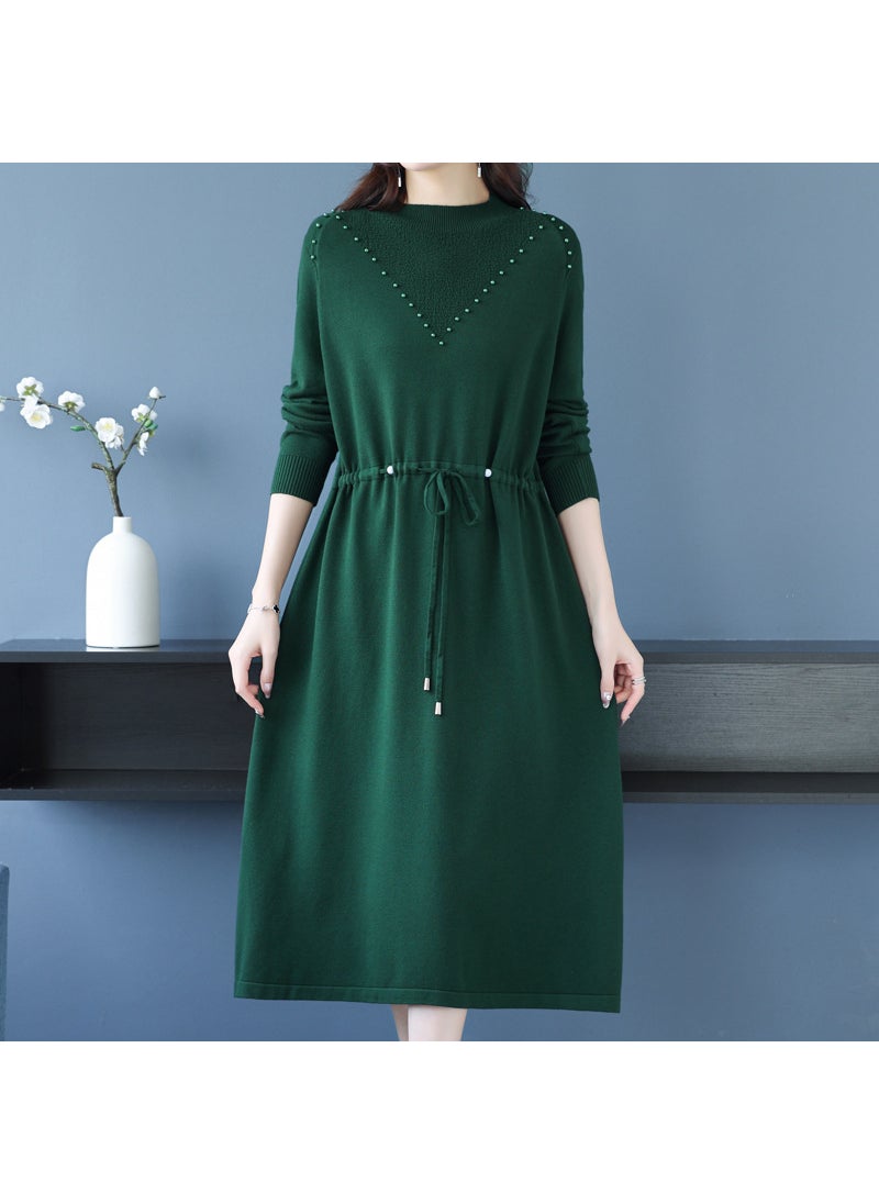 Beaded Tie-Back Knit Dress Plus Size Autumn Winter dark green