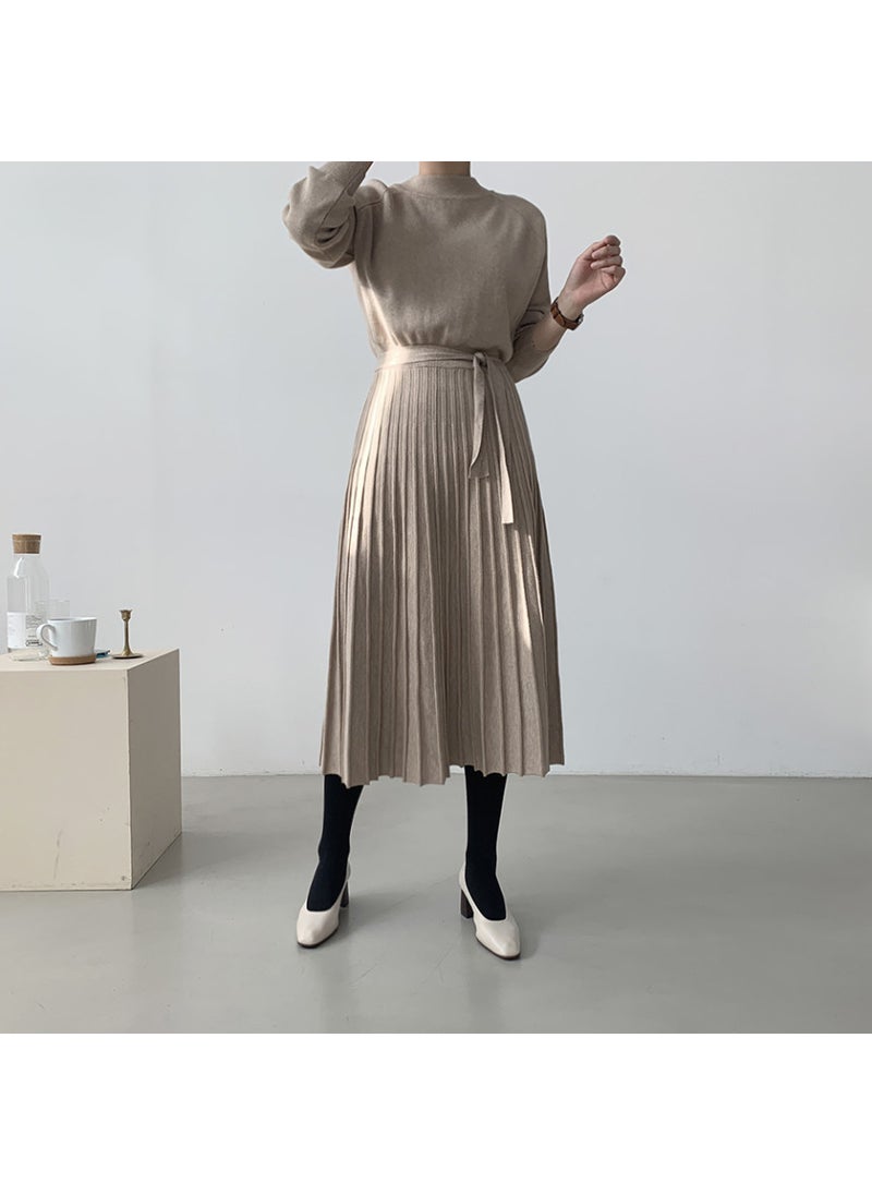 Knitted Midi Dress with Waist Tie Retro Korean Fall/Winter Oatmeal