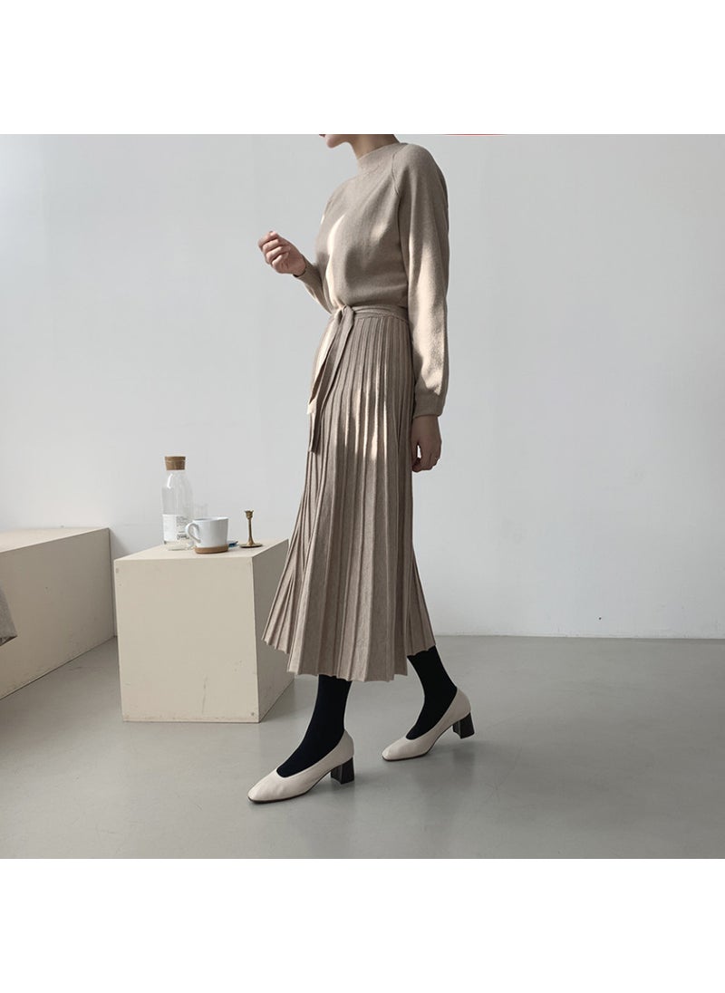 Knitted Midi Dress with Waist Tie Retro Korean Fall/Winter Oatmeal