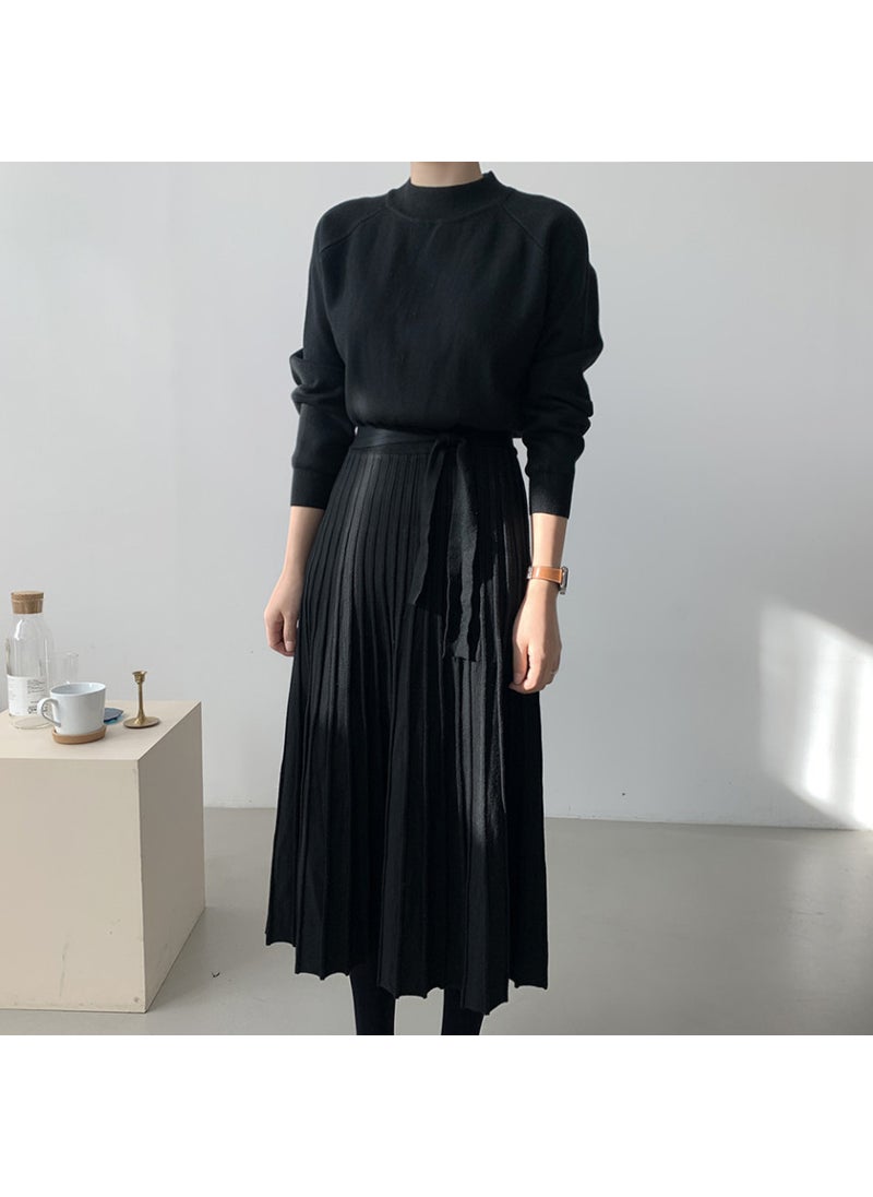 Knitted Midi Dress with Waist Tie Retro Korean Fall/Winter Oatmeal