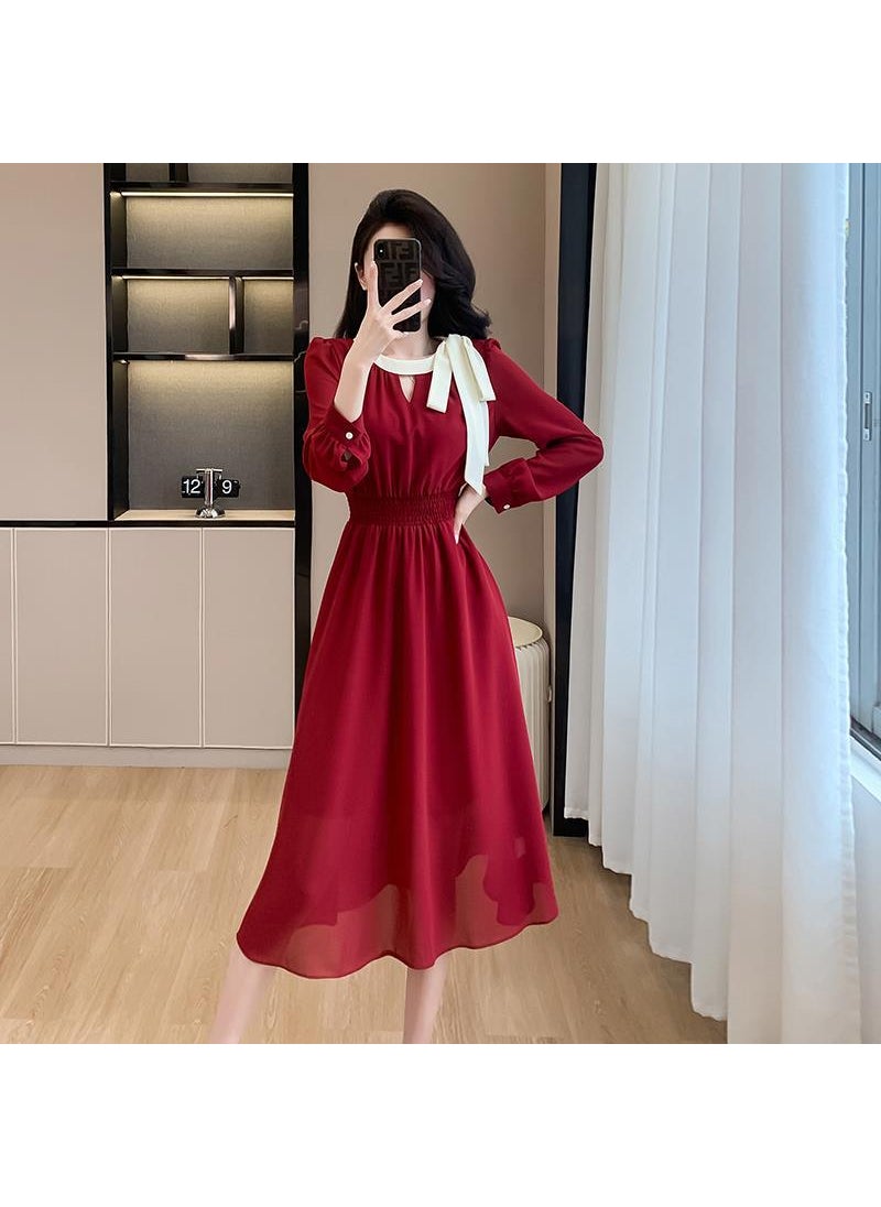 2024 Autumn Chic Long-sleeve Slim Dress Wine red