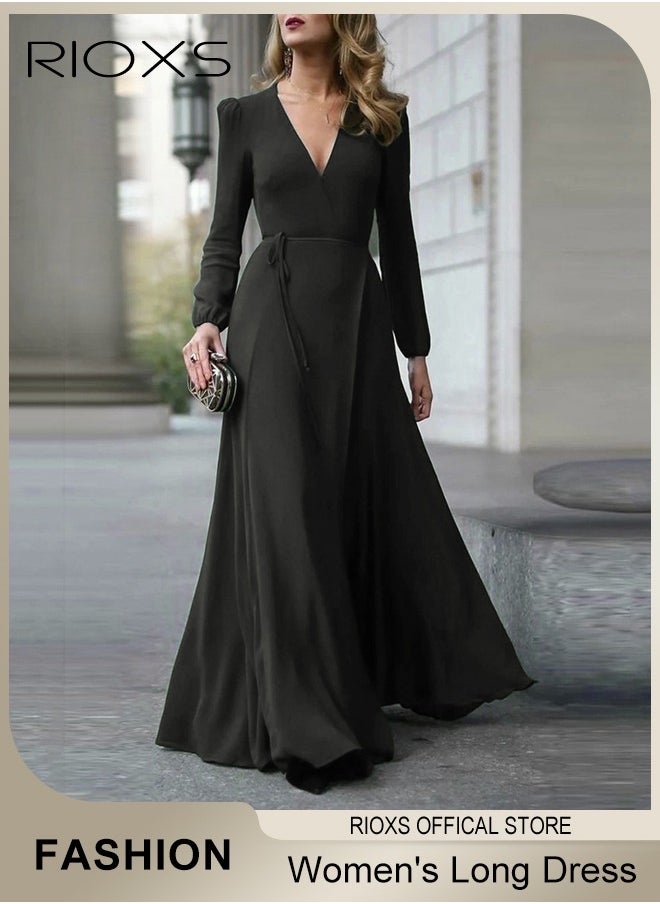 Women's Elegant V-neck Long Sleeve Dress Flowy Belted Maxi Dress for Special Occasions