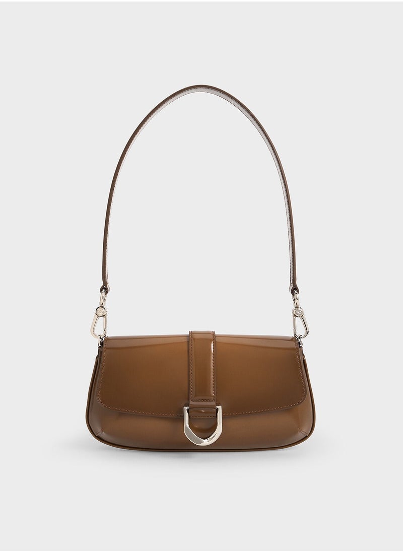 CHARLES & KEITH Crossbody Bag Gabine Leather Elongated Shoulder Bag - Brown