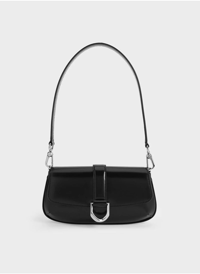 CHARLES & KEITH Crossbody Bag Gabine Leather Elongated Shoulder Bag - Black