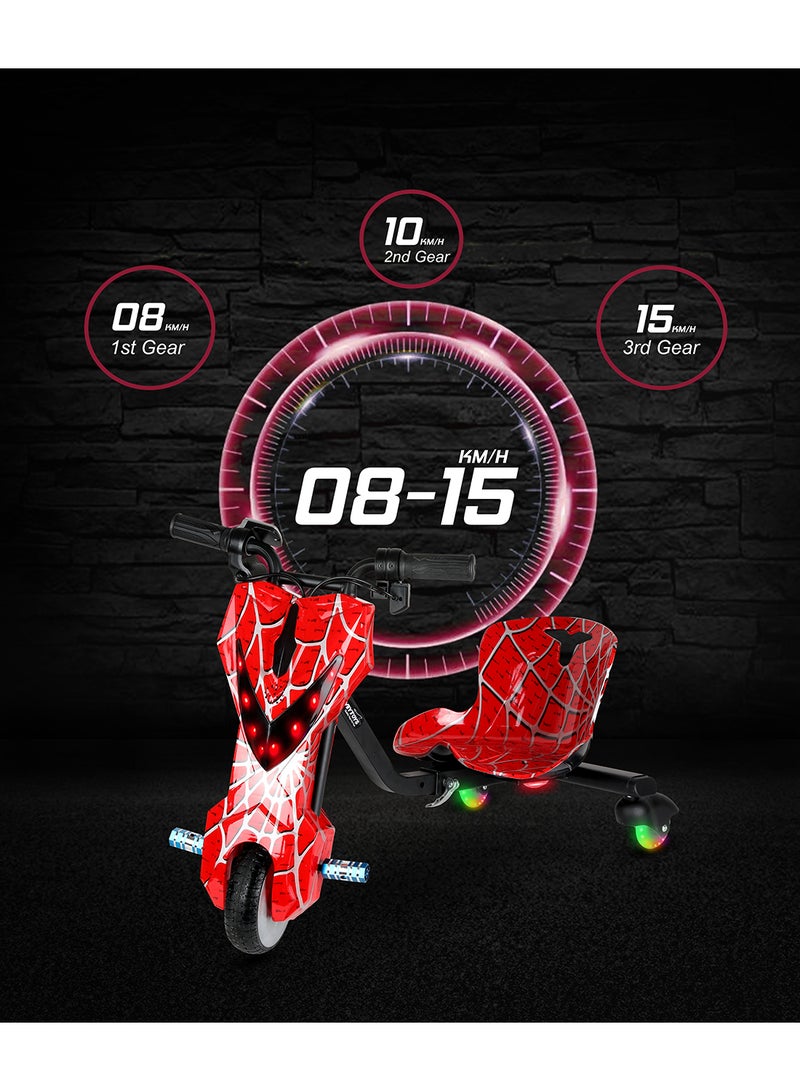 Mini 36V High-Power 360° Electric Stunt Drifting Scooter For Kids & Adults - Adjustable Body With Bluetooth & Protective Gear, 3 Speed Modes, 250W Brushless Motor, 8-15 Km/H With 80 Kg Load, Age 6+ Noon Exclusive Series - Spider Red