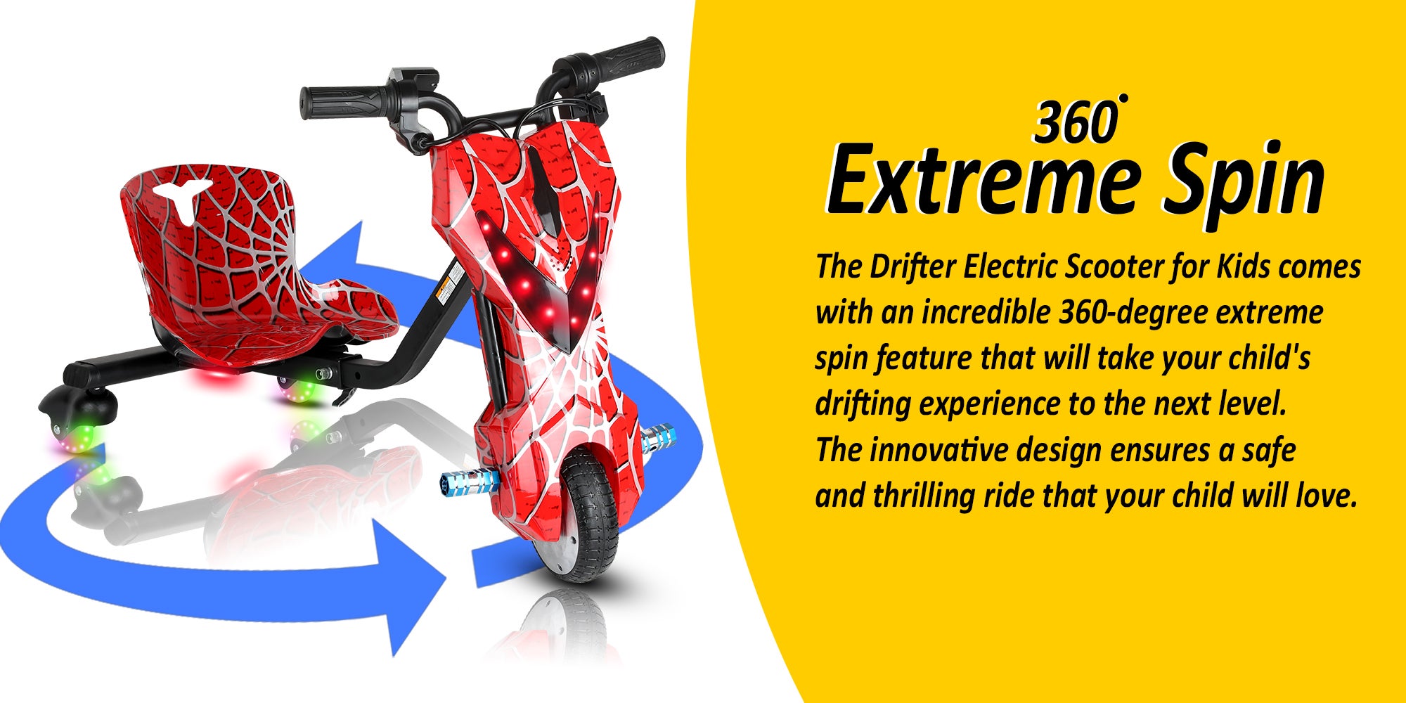 Mini 36V High-Power 360° Electric Stunt Drifting Scooter For Kids & Adults - Adjustable Body With Bluetooth & Protective Gear, 3 Speed Modes, 250W Brushless Motor, 8-15 Km/H With 80 Kg Load, Age 6+ Noon Exclusive Series - Spider Red