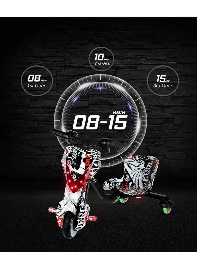 Mini 36V High-Power 360° Electric Stunt Drifting Scooter For Kids & Adults - Adjustable Body With Bluetooth & Protective Gear, 3 Speed Modes, 250W Brushless Motor, 8-15 Km/H With 80 Kg Load, Age 6+ Noon Exclusive Series - Black & White Grafitti