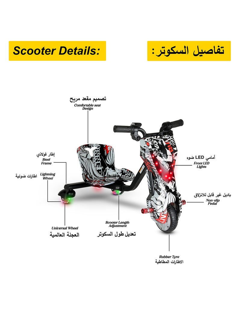 Mini 36V High-Power 360° Electric Stunt Drifting Scooter For Kids & Adults - Adjustable Body With Bluetooth & Protective Gear, 3 Speed Modes, 250W Brushless Motor, 8-15 Km/H With 80 Kg Load, Age 6+ Noon Exclusive Series - Black & White Grafitti