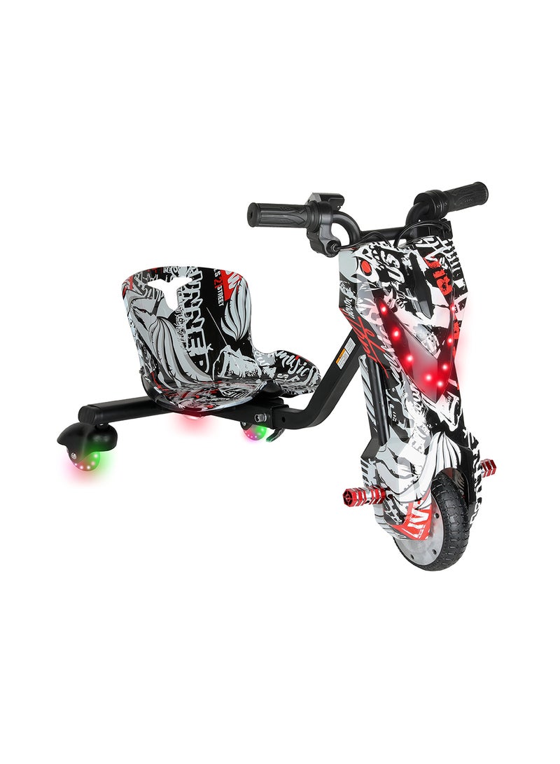 Mini 36V High-Power 360° Electric Stunt Drifting Scooter For Kids & Adults - Adjustable Body With Bluetooth & Protective Gear, 3 Speed Modes, 250W Brushless Motor, 8-15 Km/H With 80 Kg Load, Age 6+ Noon Exclusive Series - Black & White Grafitti