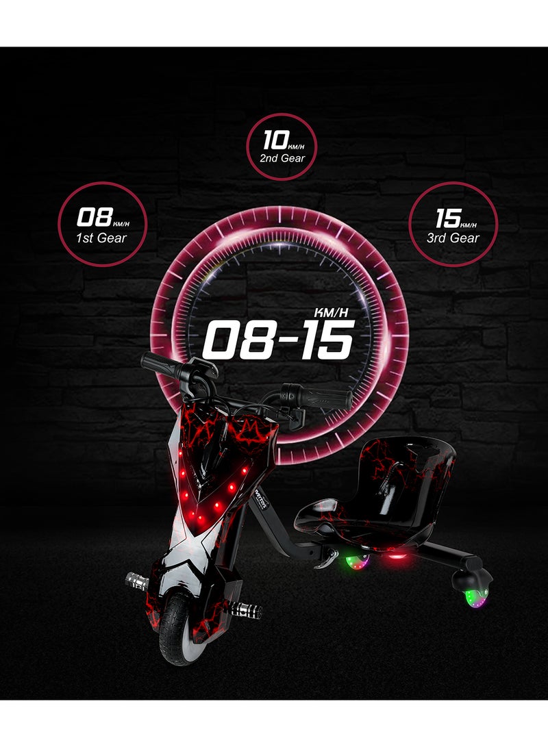 Mini 36V High-Power 360° Electric Stunt Drifting Scooter For Kids & Adults - Adjustable Body With Bluetooth & Protective Gear, 3 Speed Modes, 250W Brushless Motor, 8-15 Km/H With 80 Kg Load, Age 6+ Noon Exclusive Series - Electric Black Red