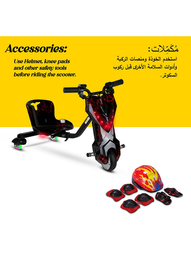 Mini 36V High-Power 360° Electric Stunt Drifting Scooter For Kids & Adults - Adjustable Body With Bluetooth & Protective Gear, 3 Speed Modes, 250W Brushless Motor, 8-15 Km/H With 80 Kg Load, Age 6+ Noon Exclusive Series - Electric Black Red