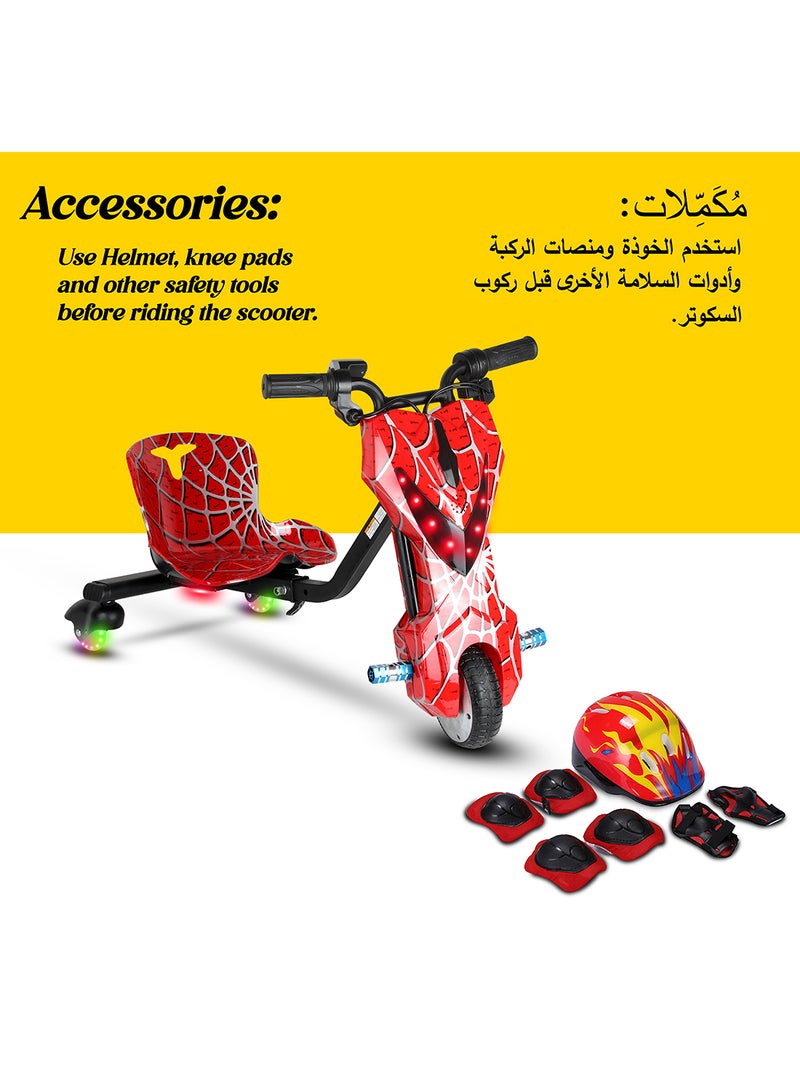 36V High-Power 360° Electric Stunt Drifting Scooter For Kids & Adults - Adjustable Body With Bluetooth & Protective Gear, 3 Speed Modes, 250W Brushless Motor, 8-15 Km/H With 80 Kg Load, Age 6+ Noon Exclusive Series - Spider Red