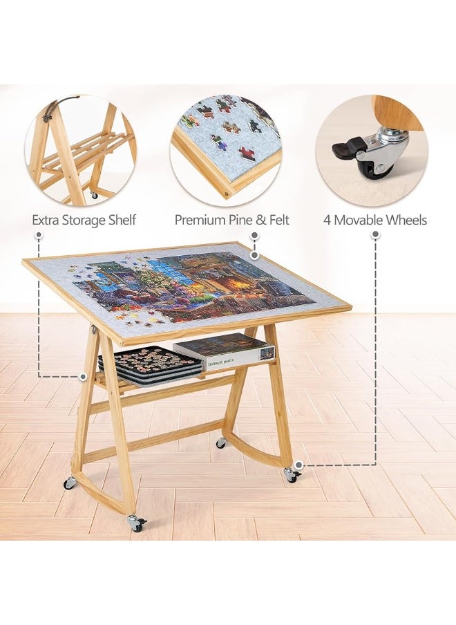 Lavievert 1500 Piece Jigsaw Puzzle Table with Legs & Cover, Adjustable Wooden Puzzle Board Easel with Storage Shelf, Portable Tilting Puzzle Table with 4 Rolling Wheels for Adults