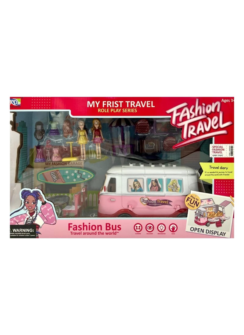 My First Travel Fashion Bus Playset – 25+ Piece Role Play Series for Kids Ages 3+ with Fashion Bus, 2 Dolls, Outfits, Accessories, Surfboard & Travel Diary – Encourages Imagination, Creativity, & Storytelling – Perfect Gift for Young Adventurers & Fashion Lovers to Explore & Play