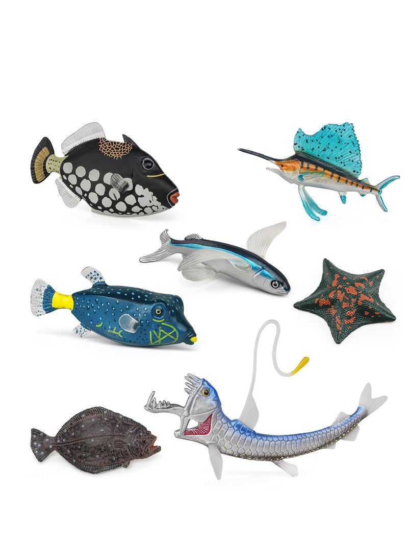 Ocean Sea Animal, Marine Animal Model Set 7PCS Starfish, Flounder, Sailfish, Flying Fish, Clown Gunfish, Box Triggerfish, Viper Fish, Yellowfin Tuna Action Figures Model Toys for Boys Girls Kids