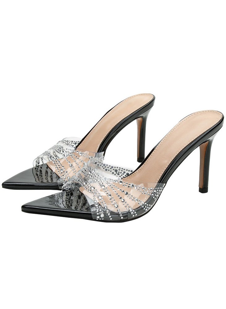 Women's Transparent Rhinestone Pointed Toe One Line Design High Heeled Sandals Stiletto Heel Open Toe Slip On Backless Fashion High Heels Slippers Black 8.5CM